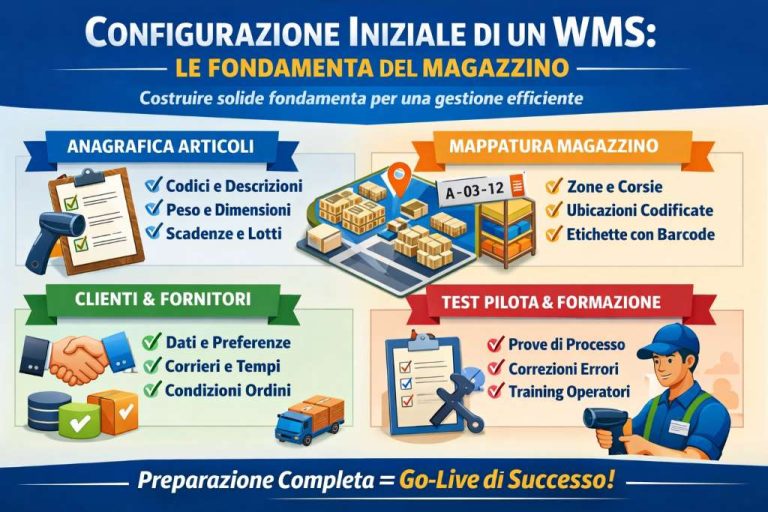Configurazione iniziale WMS con mappatura ubicazioni e dati articoli in un magazzino moderno