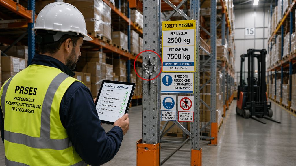 Tecnico che ispeziona una scaffalatura industriale in un magazzino logistico verificando sicurezza, portate e conformità alle norme UNI EN.