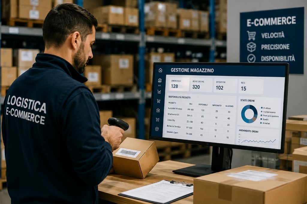 Operatore di magazzino controlla le giacenze e-commerce con sistema digitale per evitare errori di disponibilità e spedizione