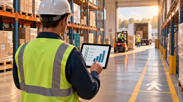 Responsabile di magazzino verifica efficienza e operazioni con un tablet