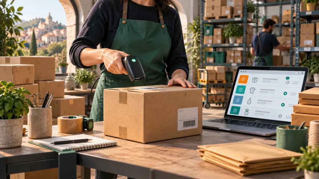 Preparazione di ordini e-commerce con scanner e pacchi in magazzino