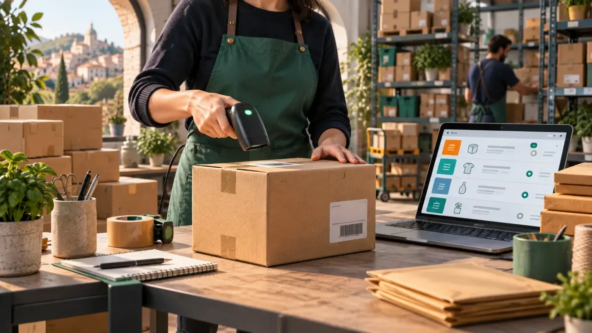 Preparazione di ordini e-commerce con scanner e pacchi in magazzino
