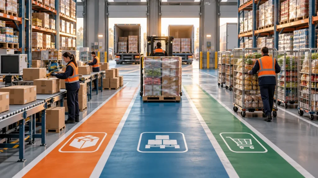 Magazzino foodservice organizzato per spedizioni e-commerce, pallet e distribuzione