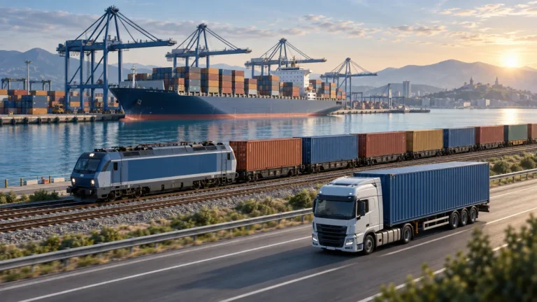 Illustrazione di una nave portacontainer, un treno merci e un camion in un terminal intermodale.
