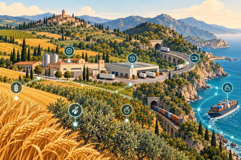 Illustrazione concettuale di filiere italiane tra agricoltura, industria e trasporti.