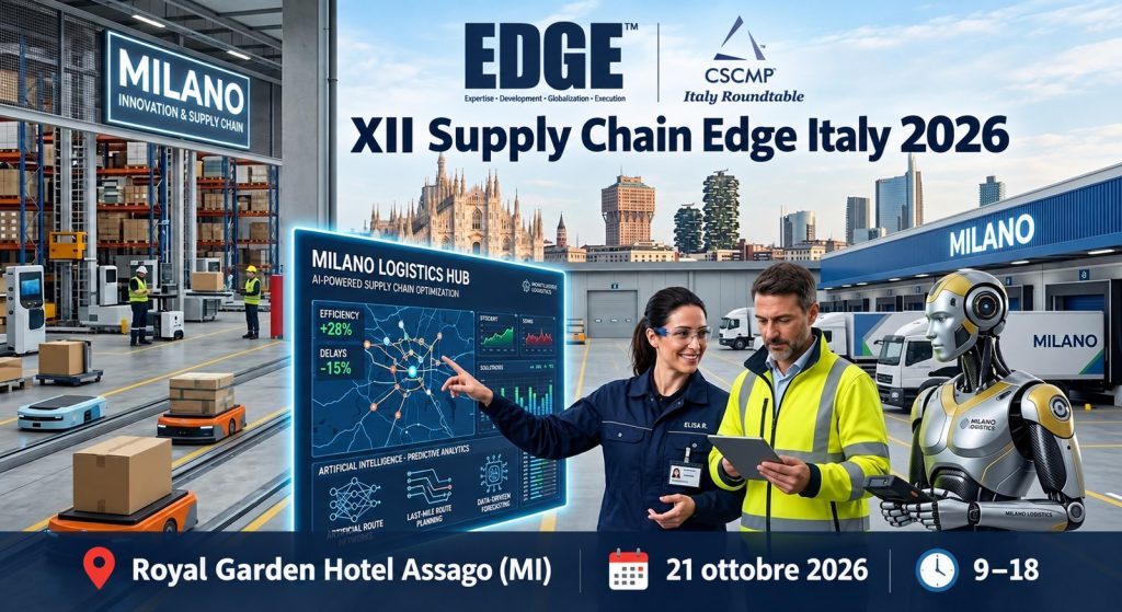 Grafica ufficiale Supply Chain Edge Italy 2026, 21 ottobre al Royal Garden Hotel di Assago
