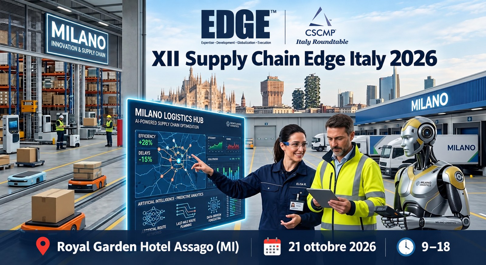 Grafica ufficiale Supply Chain Edge Italy 2026, 21 ottobre al Royal Garden Hotel di Assago