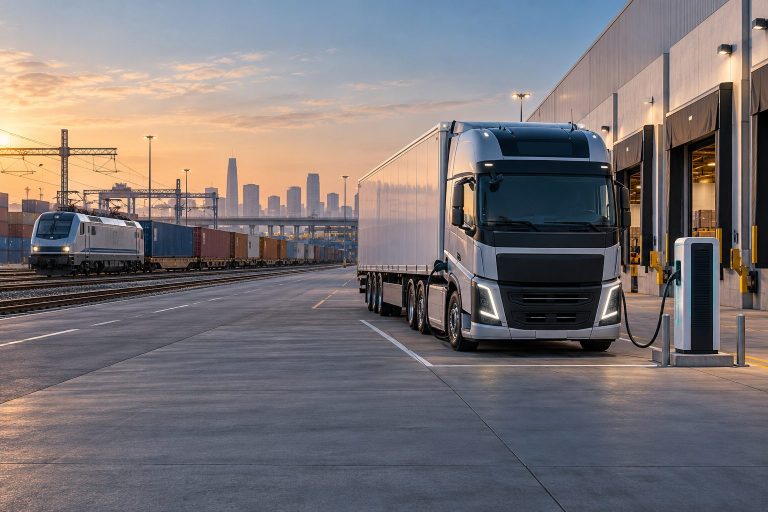 Illustrazione di camion elettrico in ricarica presso un deposito con collegamento ferroviario.
