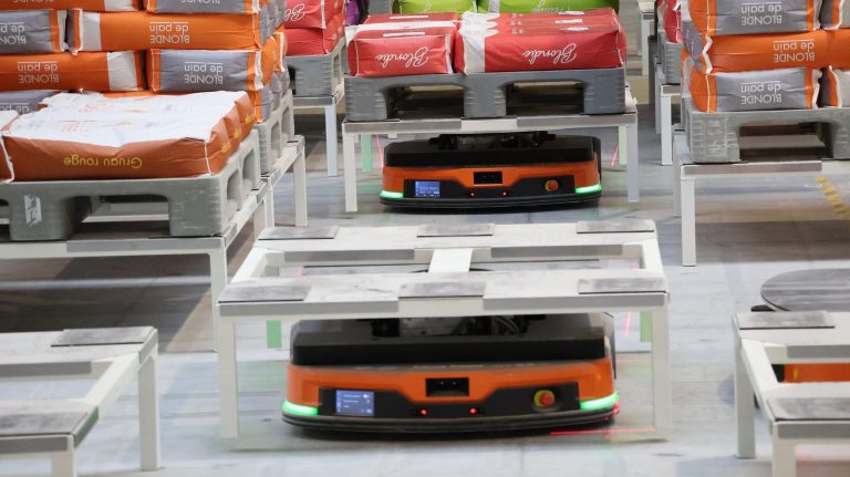 Robot mobili AMR fra pallet di sacchi di farina nello stabilimento Moulins Dumée