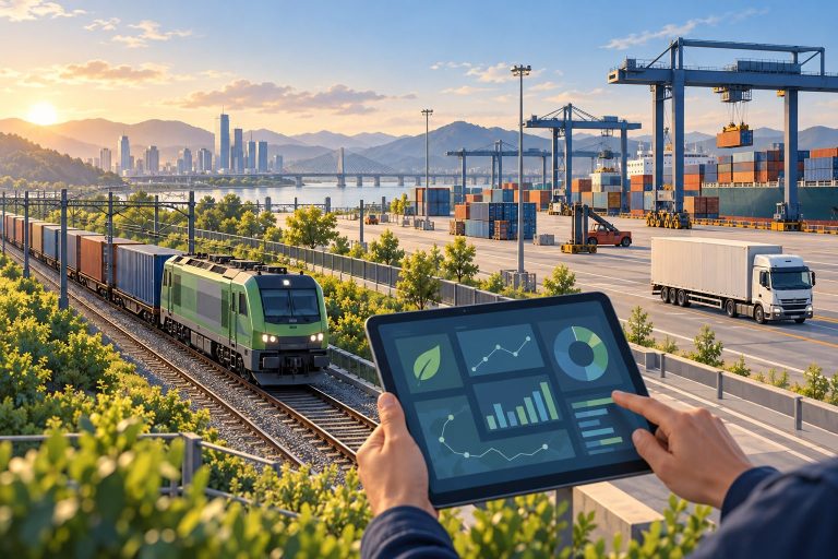 Terminal intermodale con treno, camion e tablet per il controllo dei dati logistici.