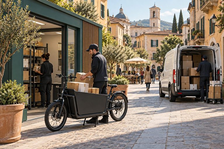 Consegne urbane con cargo bike e furgone presso un piccolo centro di distribuzione